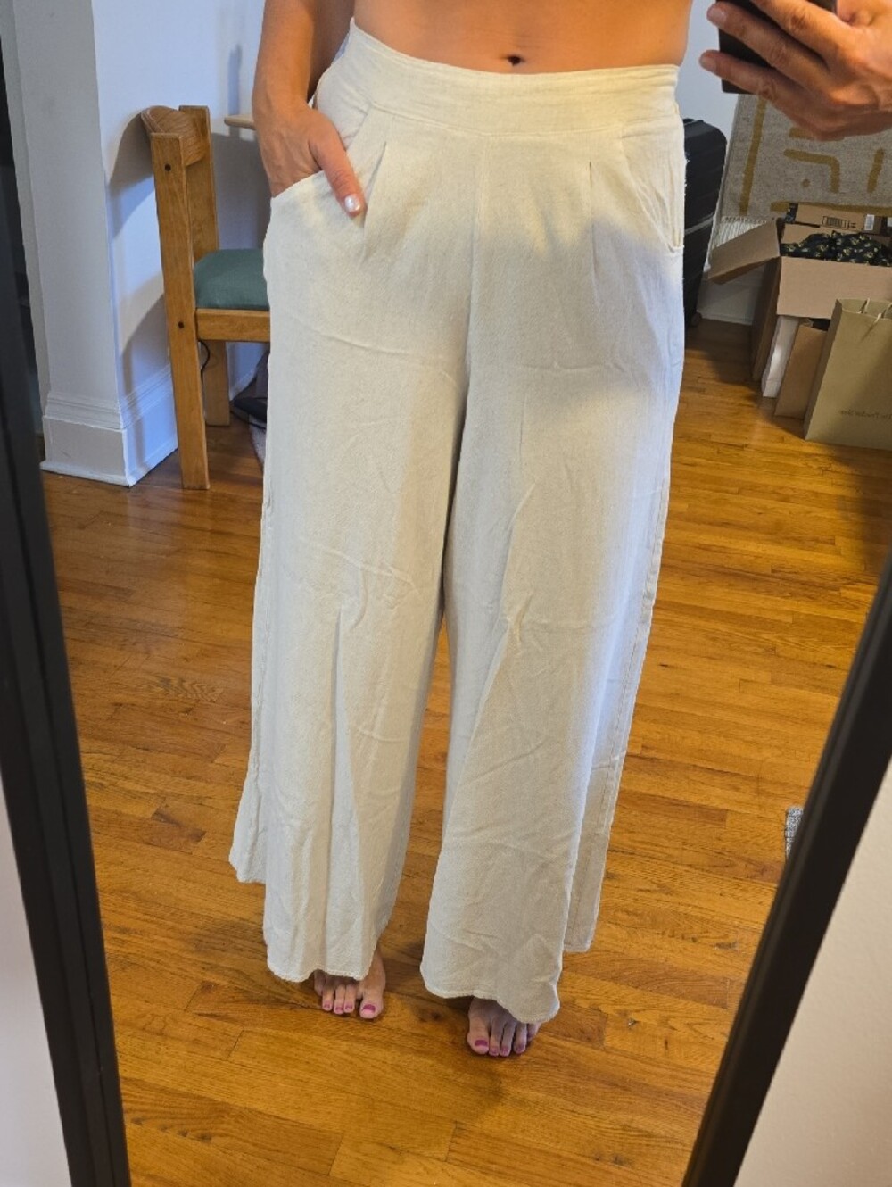 Flowing Cream Linen Pants with Side Pockets